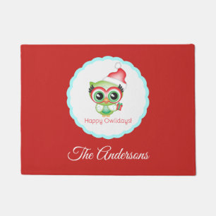 Happy Owlidays Christmas Santa Hat Holiday Owl Doormat