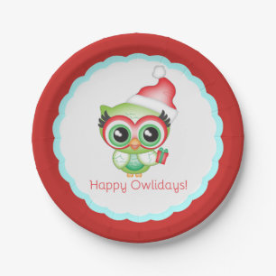 Happy Owlidays Christmas Santa Hat Holiday Owl Paper Plate