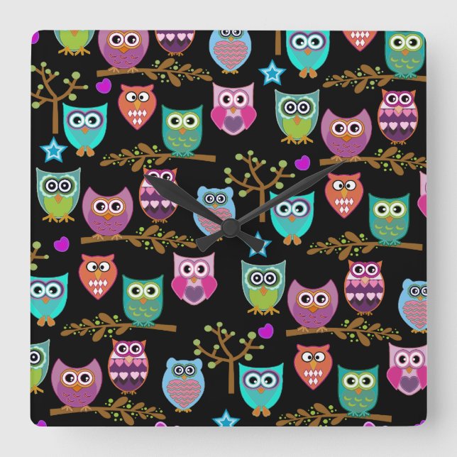 happy owls square wall clock (Front)