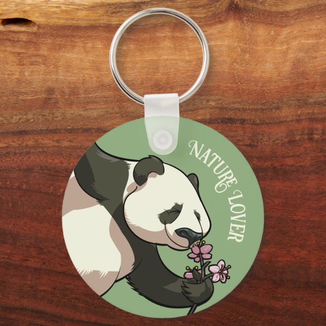 Happy Panda Smelling Blossom Nature Lover Cartoon Key Ring (Front)