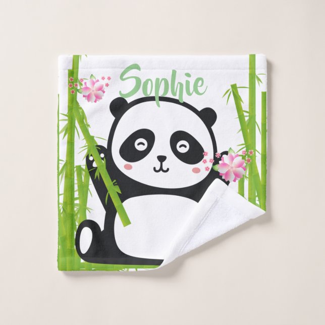 Happy Panda with Bamboo and Cherry Blossom Bath Towel Set (Wash Cloth)