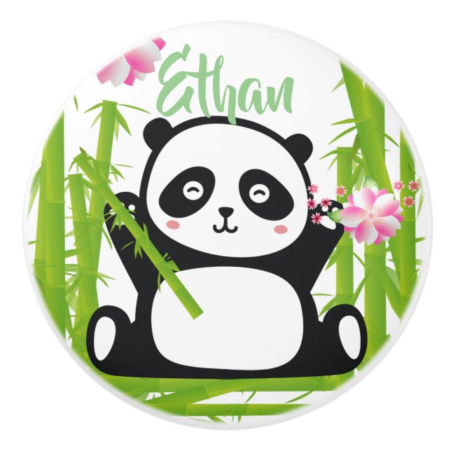 Happy Panda with Bamboo & Cherry Blossom Ceramic Knob (Front)
