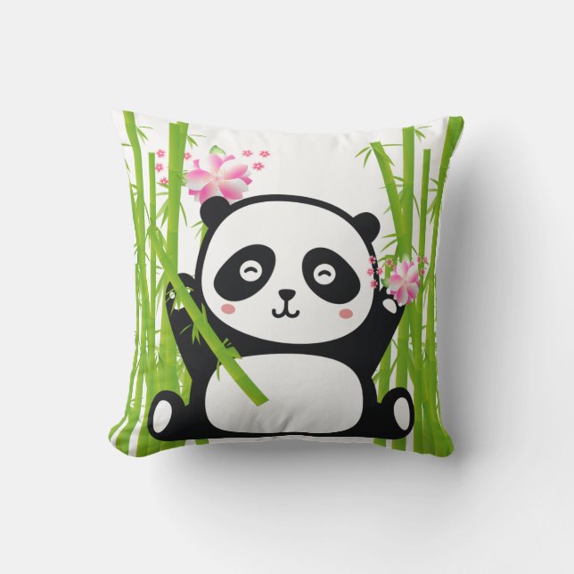 Happy Panda with Bamboo & Cherry Blossom Cushion (Front)