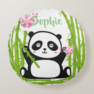 Happy Panda with Bamboo & Cherry Blossom   Round Cushion