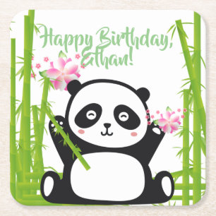 Happy Panda with Bamboo & Cherry Blossom Square Paper Coaster
