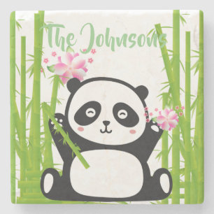 Happy Panda with Bamboo & Cherry Blossom Stone Coaster