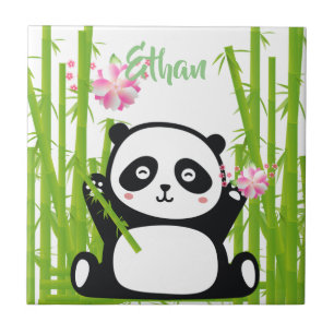 Happy Panda with Bamboo & Cherry Blossom Tile
