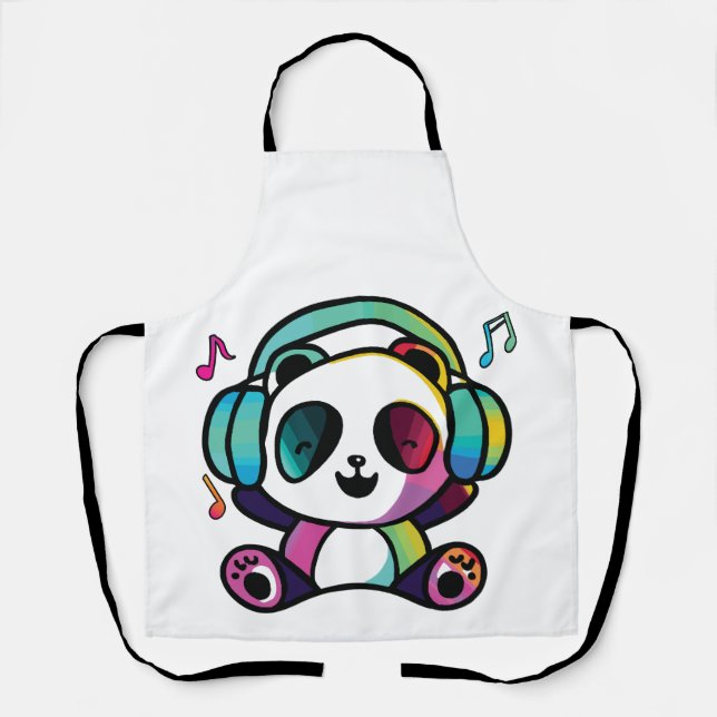 Happy Panda with headphones listening to music.  Apron (Front)