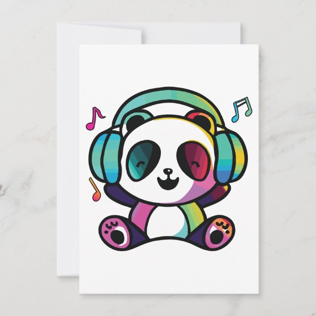 Happy Panda with headphones listening to music.  Card (Front)