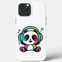 Happy Panda with headphones listening to music.