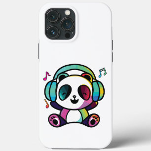 Happy Panda with headphones listening to music.  iPhone 13 Pro Max Case