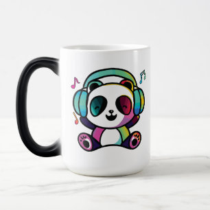 Happy Panda with headphones listening to music.  Magic Mug