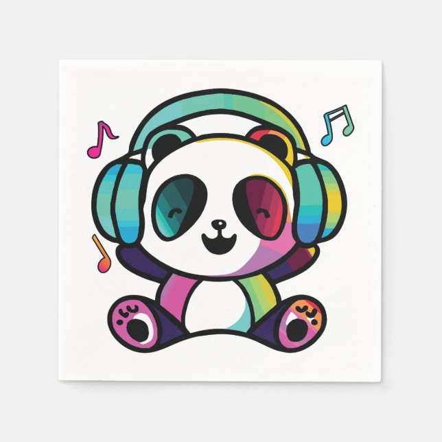 Happy Panda with headphones listening to music.  Napkin (Front)