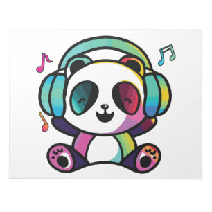 Happy Panda with headphones listening to music. Notepad