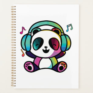 Happy Panda with headphones listening to music. Planner