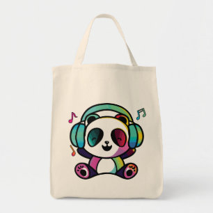 Happy Panda with headphones listening to music. Tote Bag