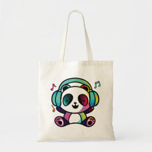 Happy Panda with headphones listening to music.  Tote Bag