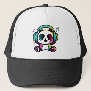 Happy Panda with headphones listening to music.  Trucker Hat