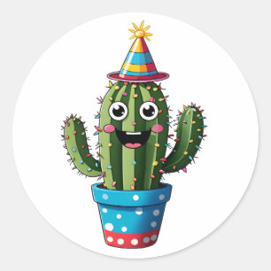 Happy Party Cactus – Cute Festive Cartoon Design Classic Round Sticker