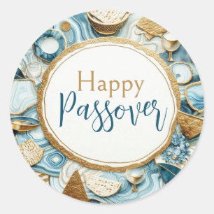 Happy Passover Blue Gold Agate Seder Plate Classic Round Sticker