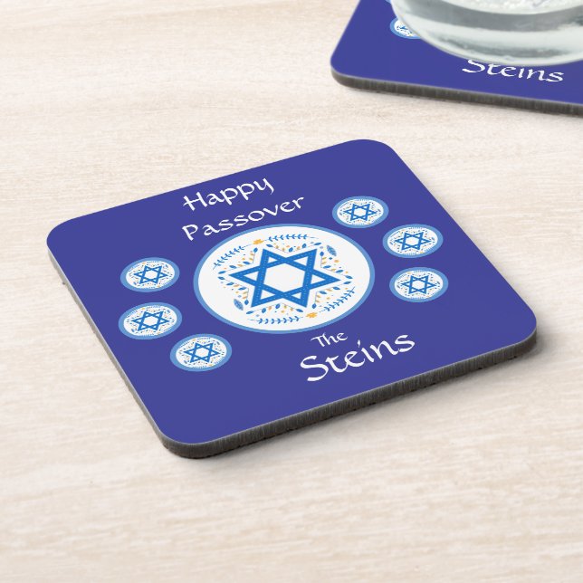 Happy PASSOVER Blue Star of David NAME Coaster (Left Side)