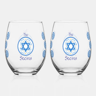Happy PASSOVER Blue Star of David NAME Stemless Wine Glass