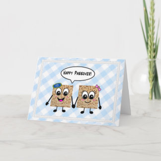 Happy Passover Cute Matzot on blue gingham Card