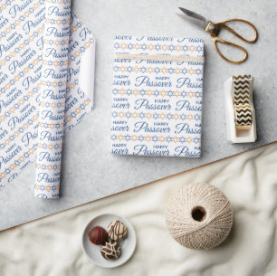 Happy Passover Elegant Blue Gold Star of David  Wrapping Paper