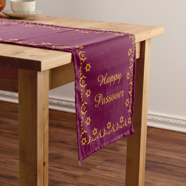 Happy Passover Fuchsia Pink Short Table Runner (In Situ)