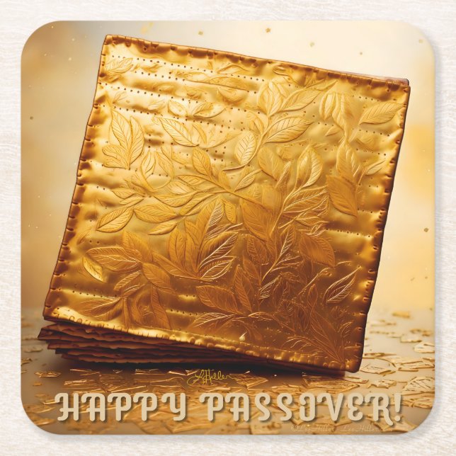 Happy Passover! Golden Matzah Square Paper Coaster (Front)