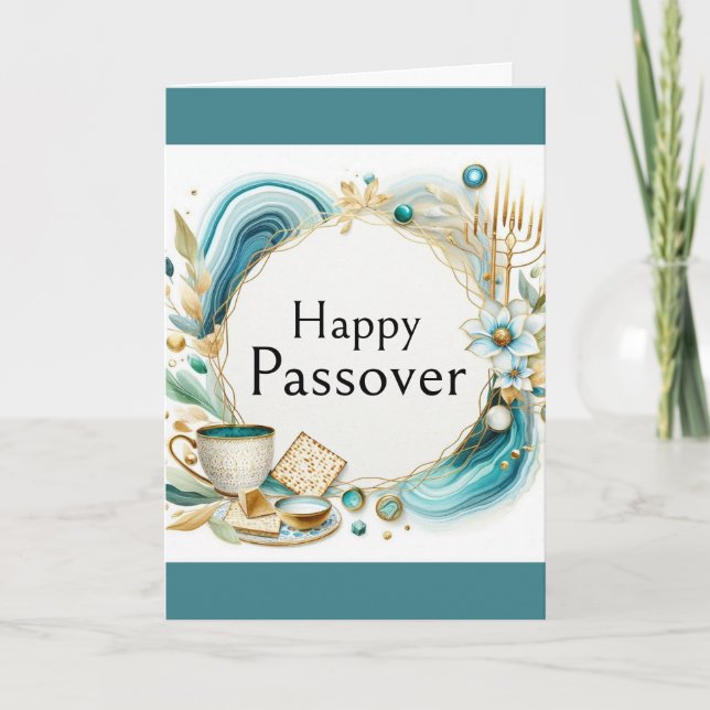 Happy Passover Greeting Card - Agate Blue Gold (Front)
