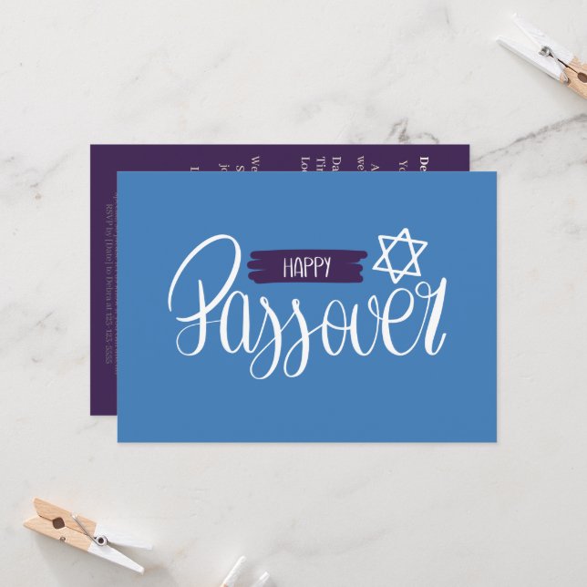 Happy Passover | Seder Pesach Solid Blue Invitation (Front/Back In Situ)