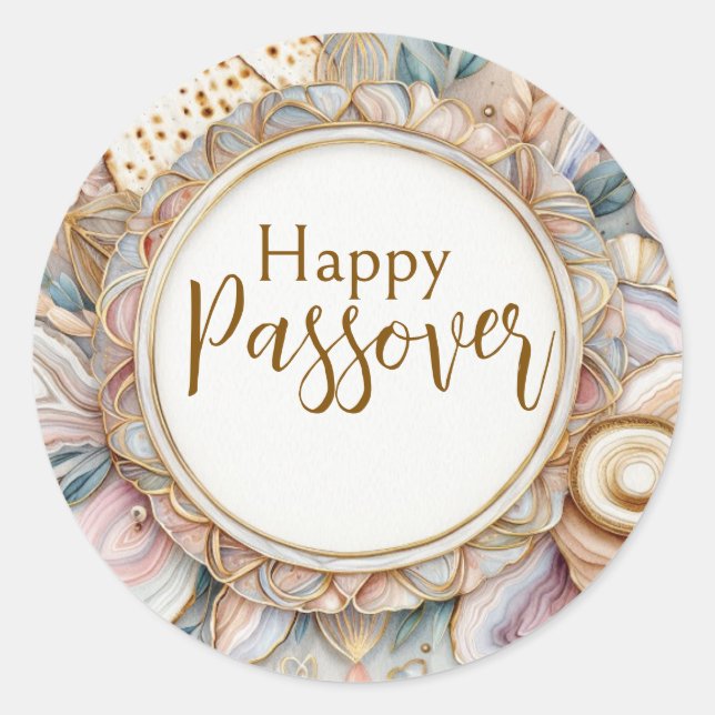 Happy Passover Seder Pink Beige Agate Marble Classic Round Sticker (Front)