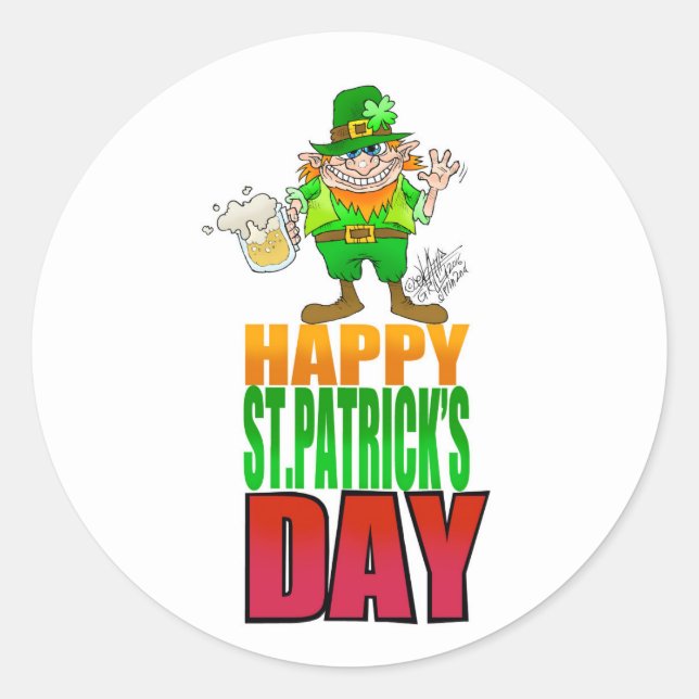 Happy Pat, Cartoon Leprechaun waving, coaster. Classic Round Sticker (Front)
