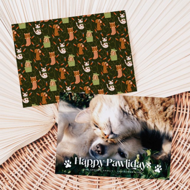 Happy Pawlidays Cat Dog Christmas Photo Green Holiday Card (Creator Uploaded)