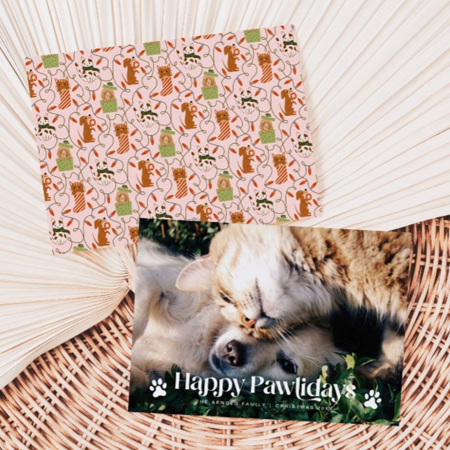 Happy Pawlidays Cat Dog Christmas Photo Pink Holiday Card (Creator Uploaded)