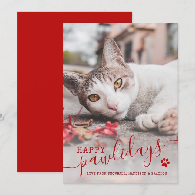 Happy Pawlidays Cat Photo Pet Red Christmas  Holid Holiday Card (Front/Back)
