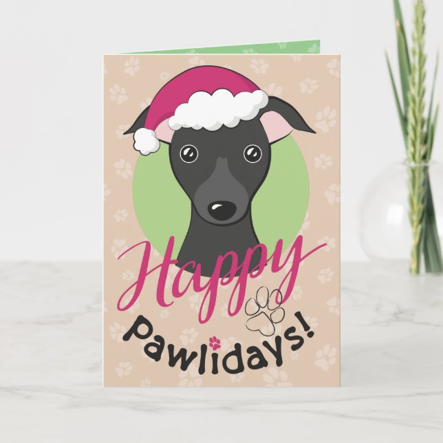 Happy Pawlidays Christmas Cartoon Black Iggy Dog Holiday Card (Front)