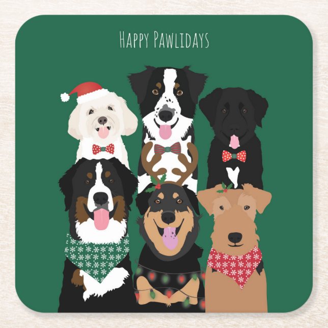 Happy Pawlidays Cute Christmas Dogs Square Paper Coaster (Front)