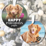 Happy Pawlidays Cute Puppy Dog Christmas Ornament<br><div class="desc">Personalised "Happy PAWlidays" Dog Photo Ornament. Add some holiday cheer and humour to your decor with this playful dog ornament, perfect for showcasing your pup’s mischievous side. The front features the festive text "Happy PAWlidays" as a fun twist on the traditional Happy Holidays greeting, along with your dog’s name, capturing...</div>