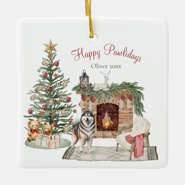 Happy Pawlidays Dog Design- Alaskan Malamute Ceramic Ornament (Front)