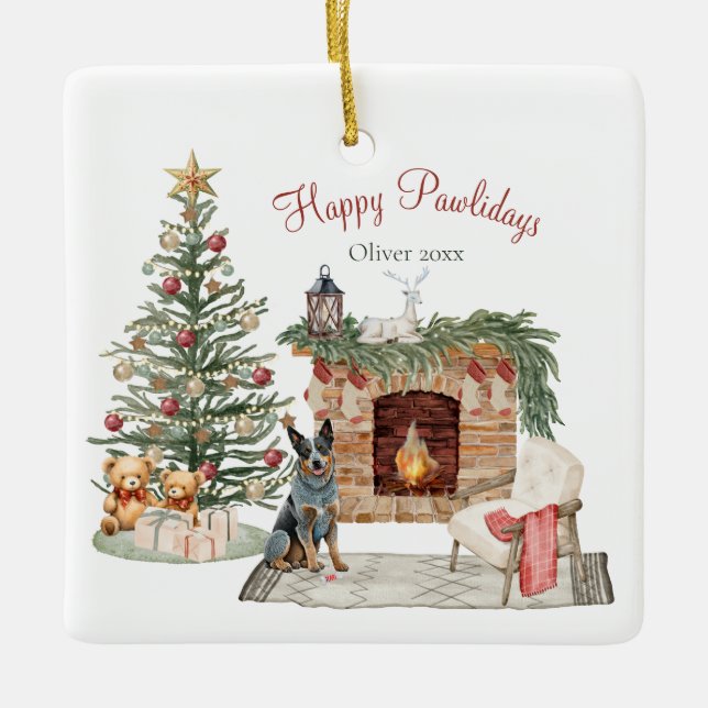 Happy Pawlidays Dog Design- Australian Cattle Dog  Ceramic Ornament (Front)