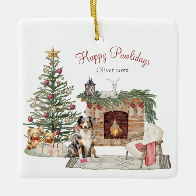 Happy Pawlidays Dog Design- Australian Shepherd Ceramic Ornament (Front)