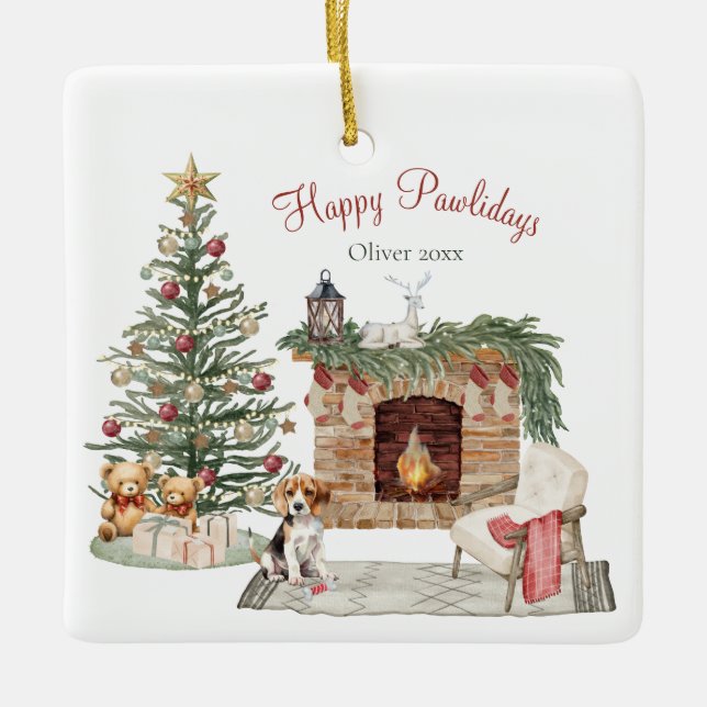 Happy Pawlidays Dog Design- Beagle Ceramic Ornament (Front)