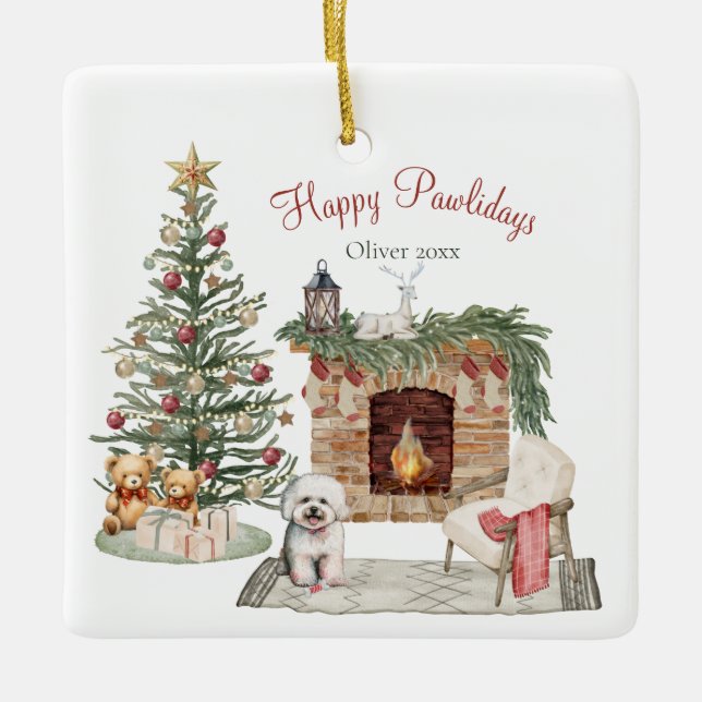 Happy Pawlidays Dog Design- Bichon Frise Ceramic Ornament (Front)