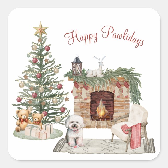 Happy Pawlidays Dog Design- Bichon Frise Square Sticker (Front)