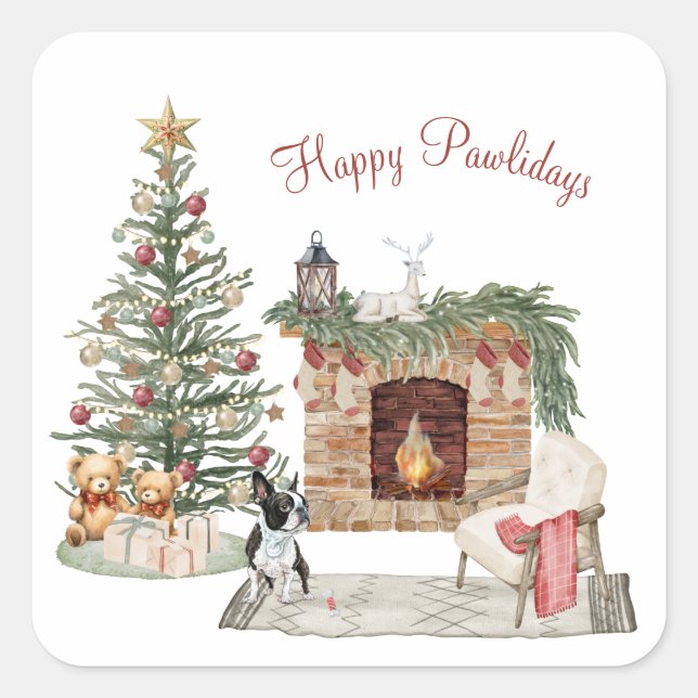 Happy Pawlidays Dog Design- Boston Terrier Square Sticker (Front)