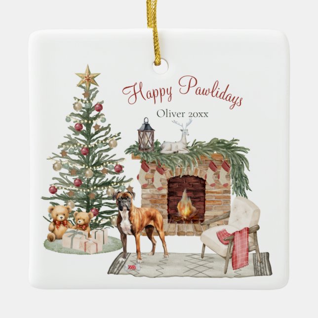 Happy Pawlidays Dog Design- Boxer Ceramic Ornament (Front)