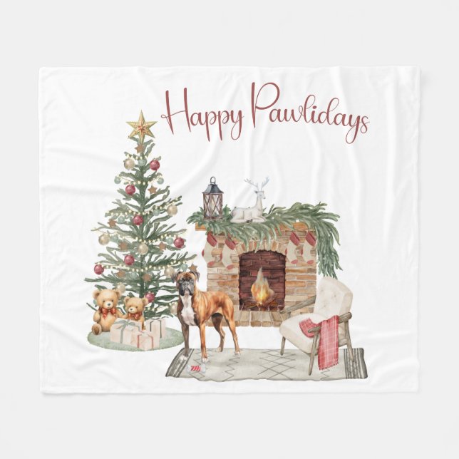 Happy Pawlidays Dog Design- Boxer Fleece Blanket (Front (Horizontal))