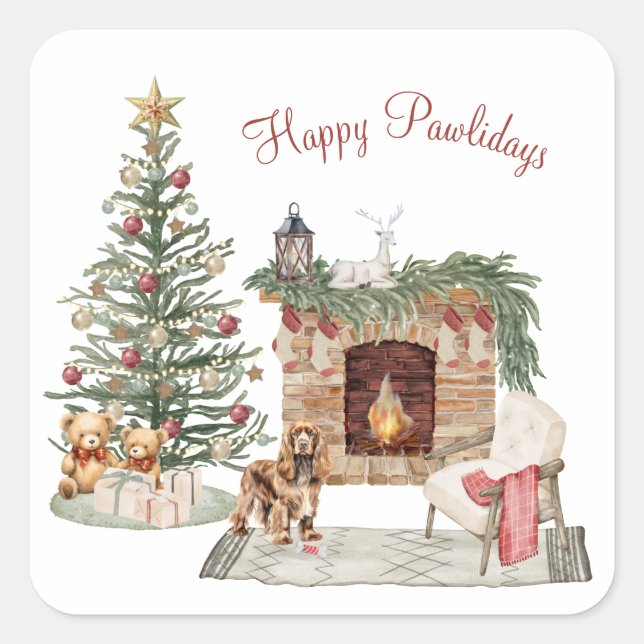 Happy Pawlidays Dog Design- Cocker Spaniel Square Sticker (Front)
